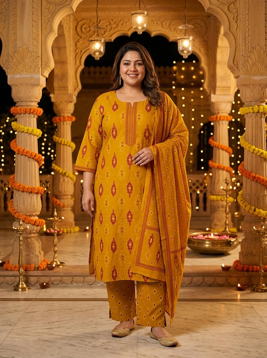 Yellow Cotton Printed Kurta Pant Set with Dupatta Plus Size-200117
