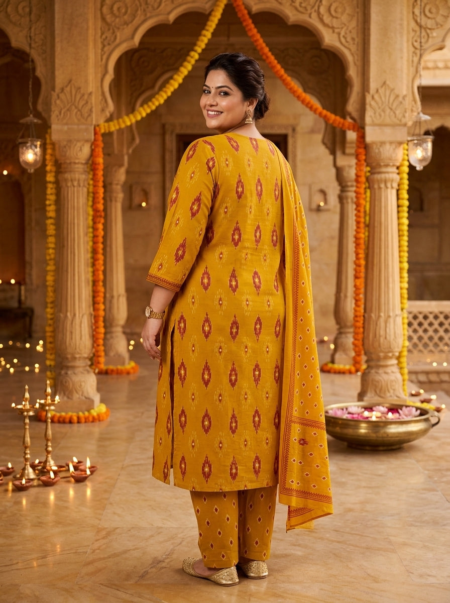 Yellow Cotton Printed Kurta Pant Set with Dupatta Plus Size-200117