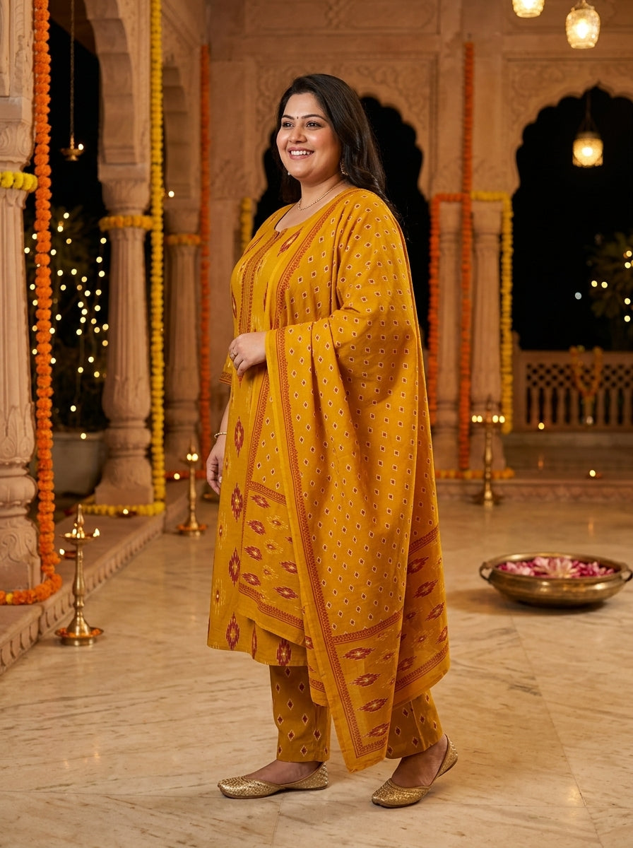 Yellow Cotton Printed Kurta Pant Set with Dupatta Plus Size-200117