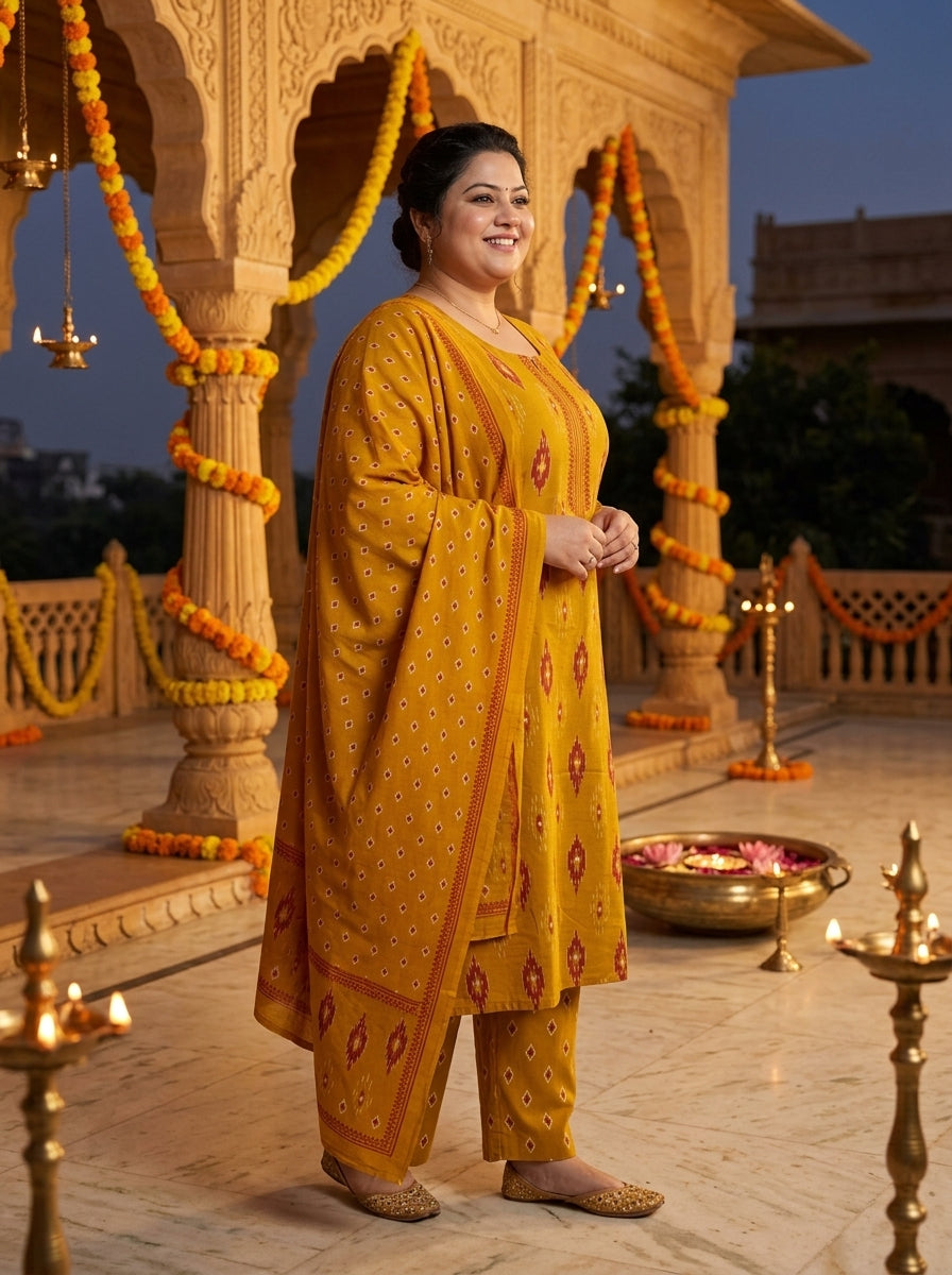 Yellow Cotton Printed Kurta Pant Set with Dupatta Plus Size-200117