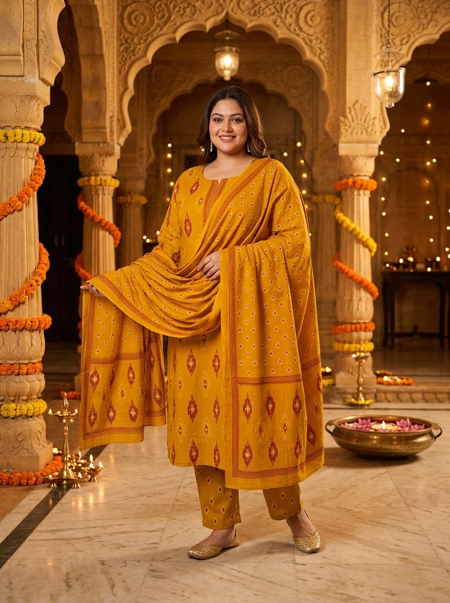 Yellow Cotton Printed Kurta Pant Set with Dupatta Plus Size-200117