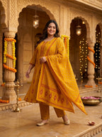 Yellow Cotton Printed Kurta Pant Set with Dupatta Plus Size-200117