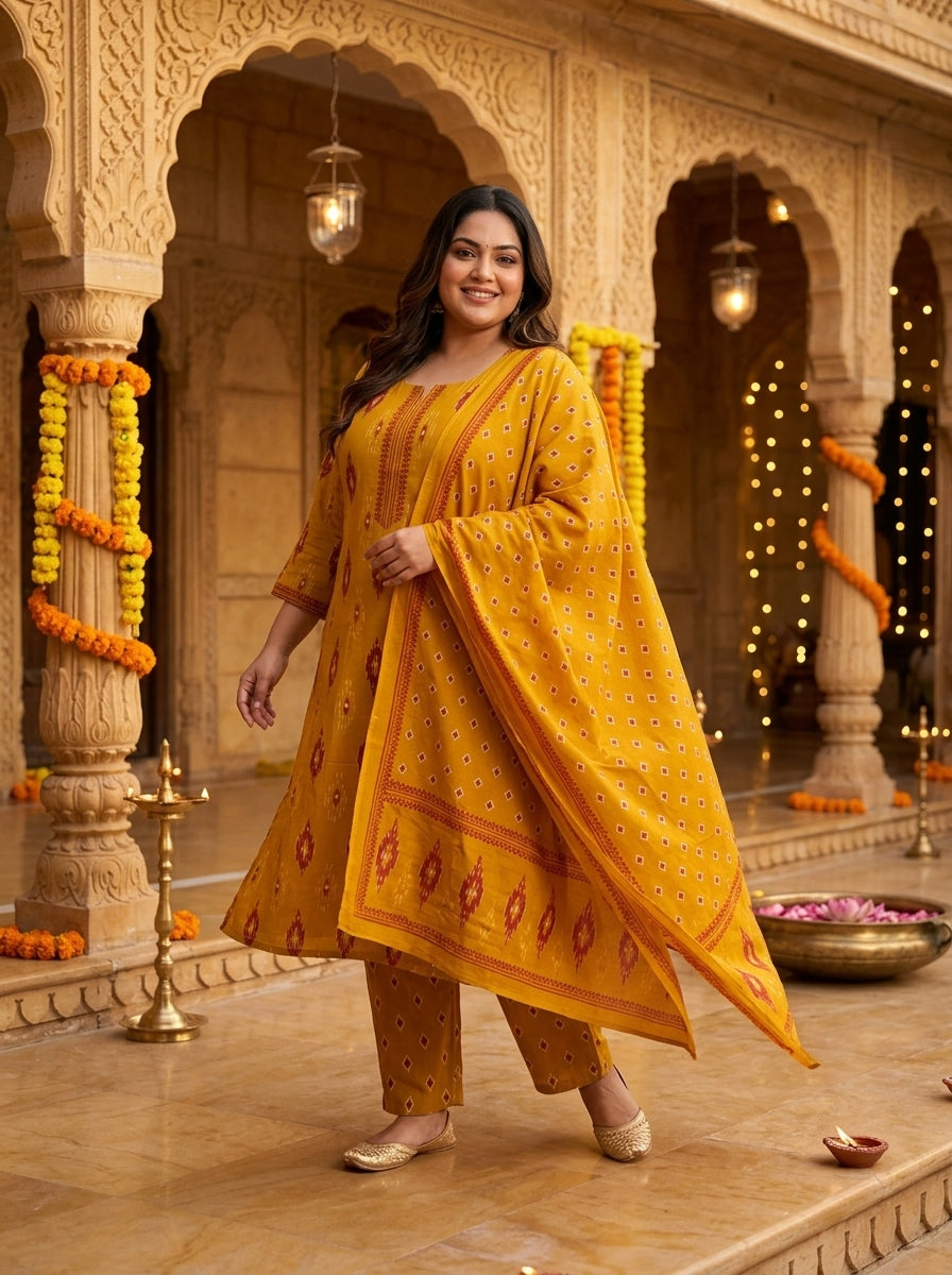 Yellow Cotton Printed Kurta Pant Set with Dupatta Plus Size-200117