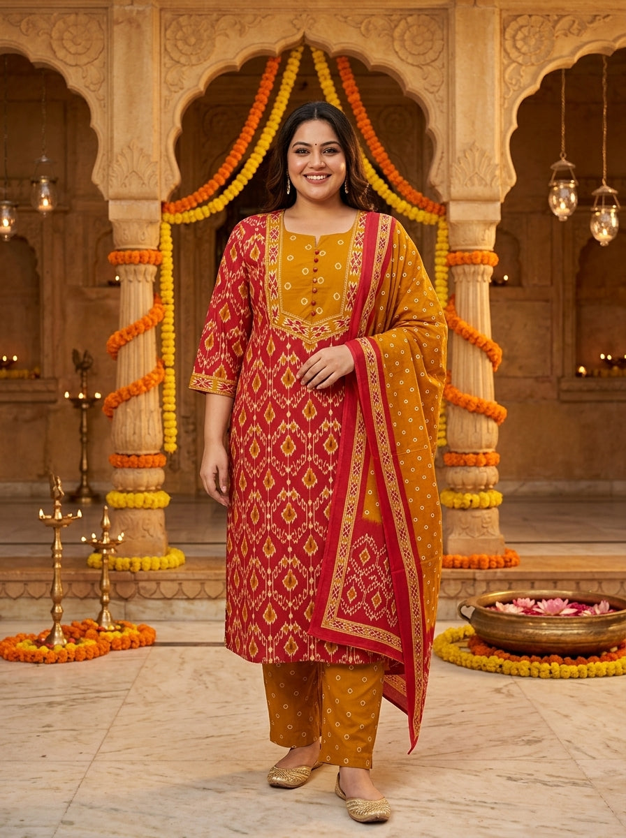 Red Cotton Printed Plus Size Kurta Pant Set with Dupatta-200118 Main image