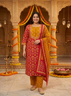 Red Cotton Printed Plus Size Kurta Pant Set with Dupatta-200118