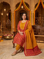 Red Cotton Printed Plus Size Kurta Pant Set with Dupatta-200118
