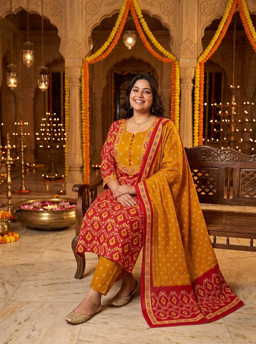 Red Cotton Printed Plus Size Kurta Pant Set with Dupatta-200118