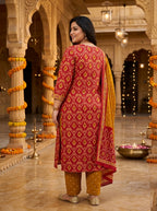 Red Cotton Printed Plus Size Kurta Pant Set with Dupatta-200118