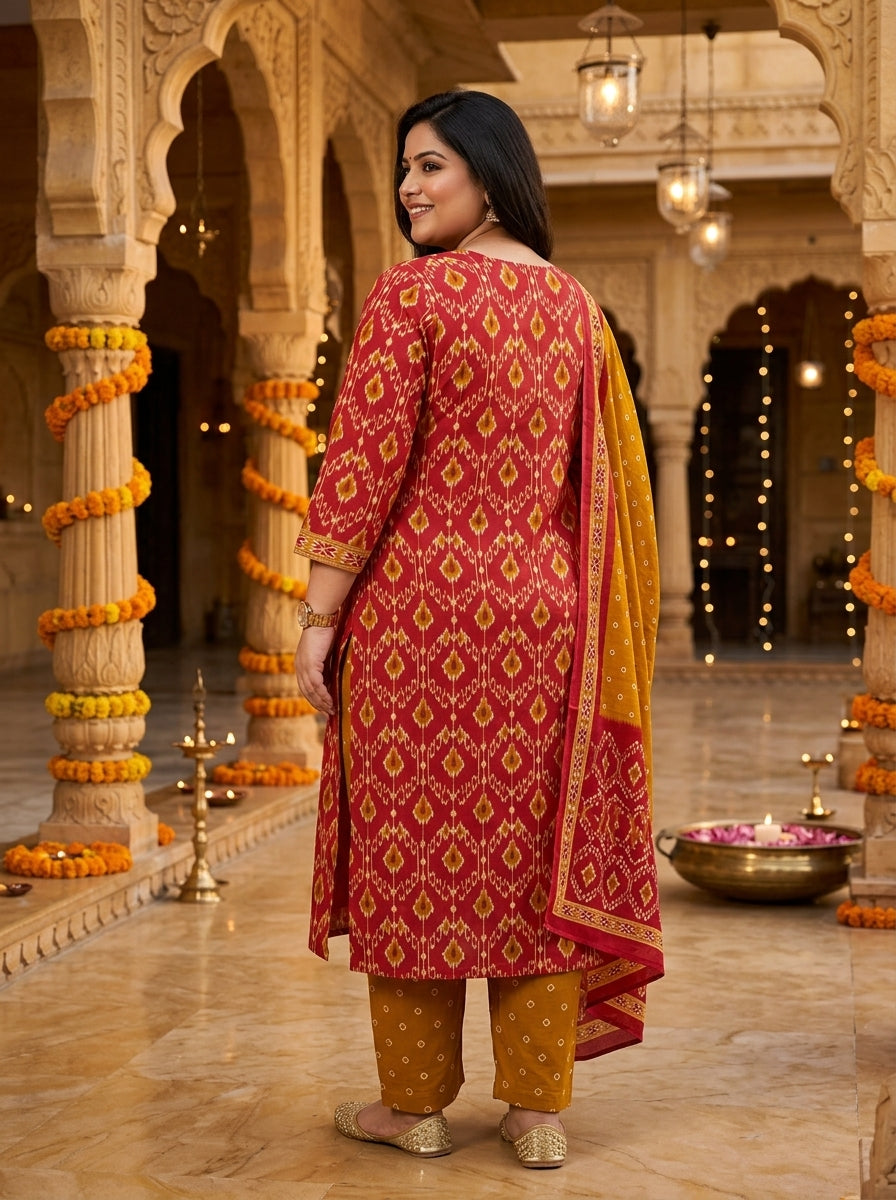 Red Cotton Printed Plus Size Kurta Pant Set with Dupatta-200118