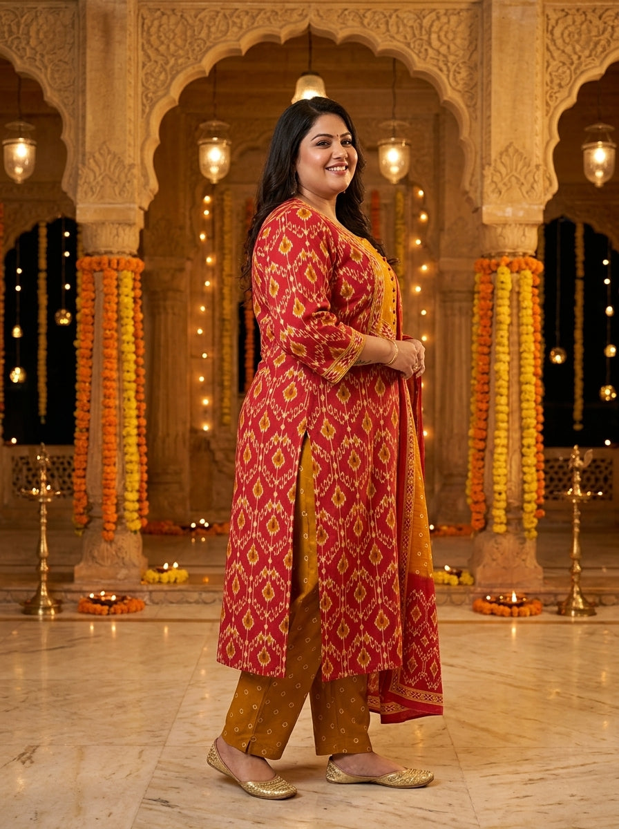 Red Cotton Printed Plus Size Kurta Pant Set with Dupatta-200118