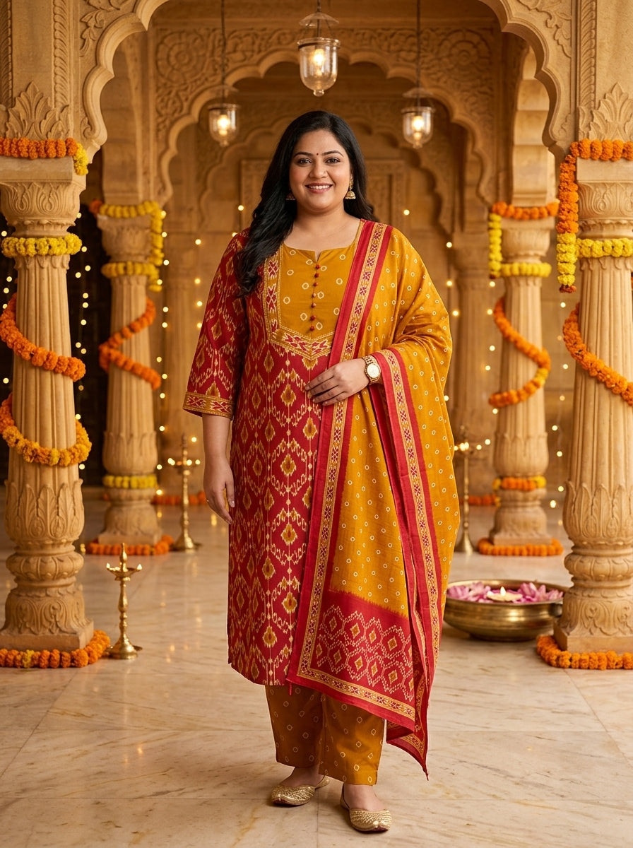 Red Cotton Printed Plus Size Kurta Pant Set with Dupatta-200118