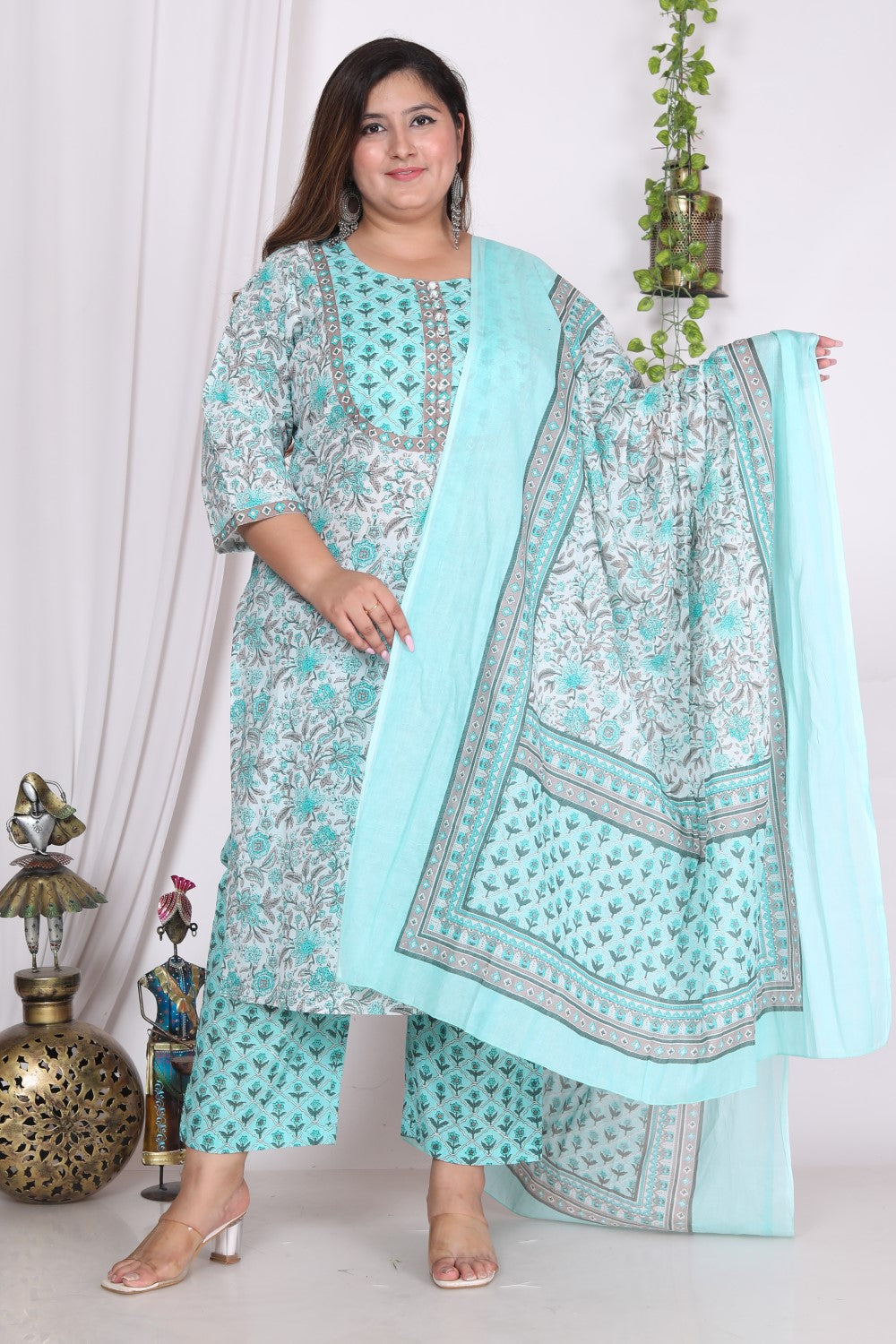 Plus Size Sky Blue Cotton Printed Kurta Pant Set with Dupatta-720 Main image