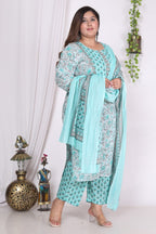 Plus Size Sky Blue Cotton Printed Kurta Pant Set with Dupatta-720