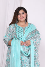 Plus Size Sky Blue Cotton Printed Kurta Pant Set with Dupatta-720
