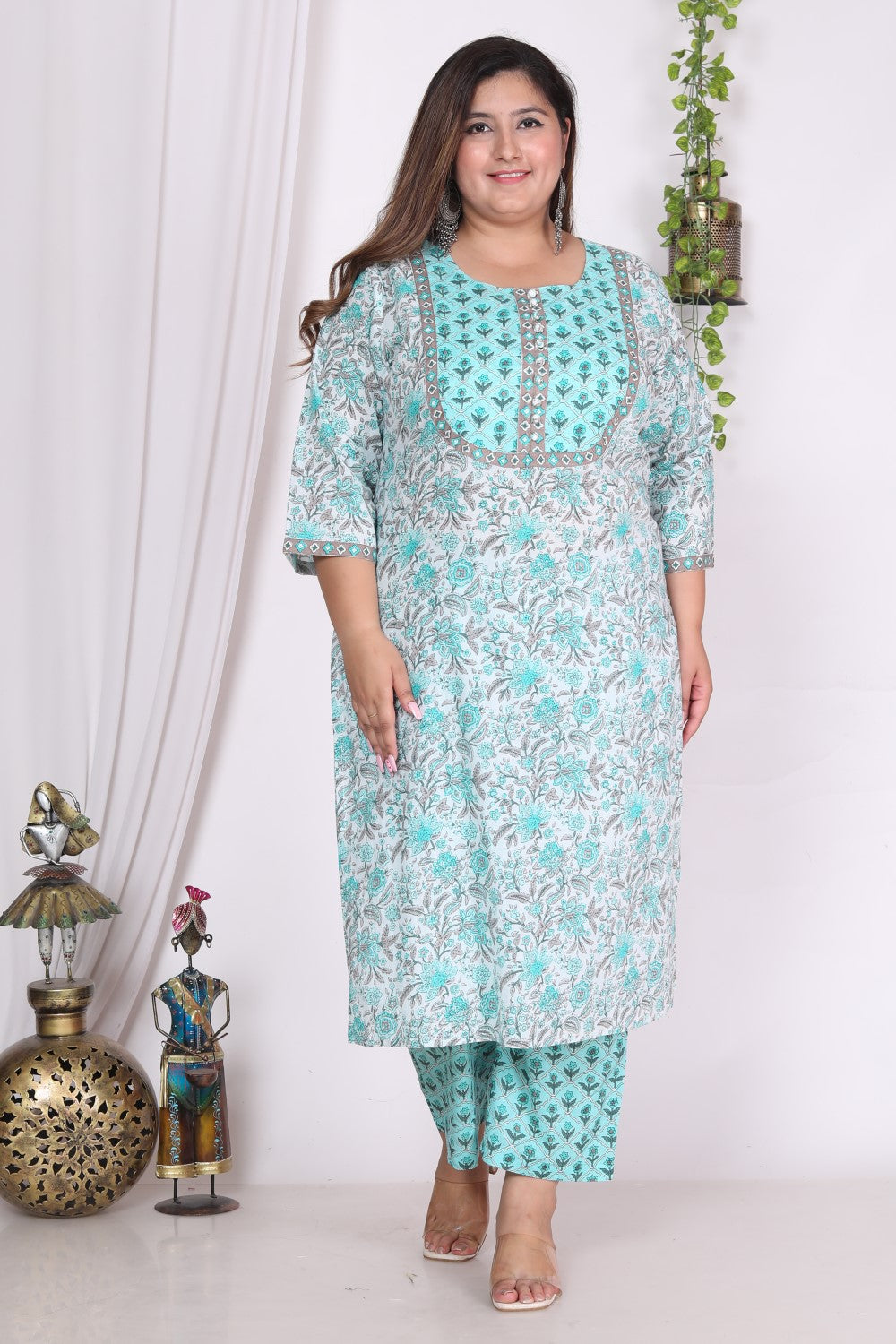 Plus Size Sky Blue Cotton Printed Kurta Pant Set with Dupatta-720