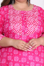 Plus Size Pink Cotton Bandhani Kurta Pant Set with Dupatta- 200721