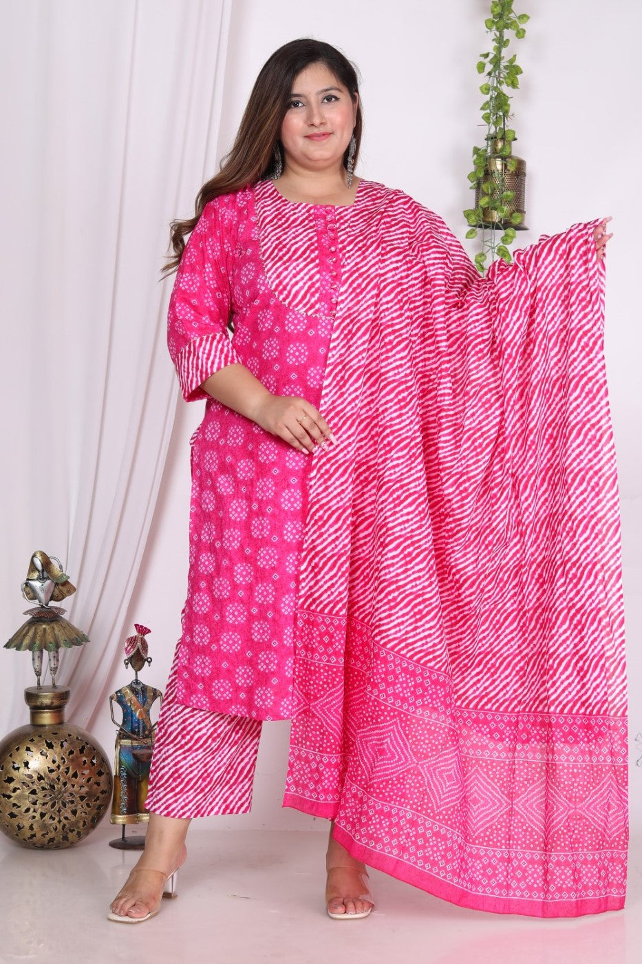 Plus Size Pink Cotton Bandhani Kurta Pant Set with Dupatta- 200721 Main image