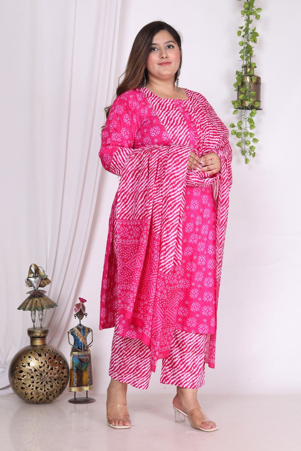 Plus Size Pink Cotton Bandhani Kurta Pant Set with Dupatta- 200721