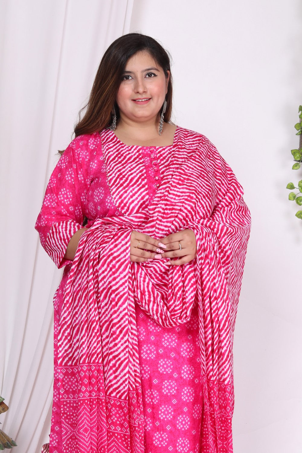 Plus Size Pink Cotton Bandhani Kurta Pant Set with Dupatta- 200721