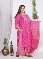 Plus Size Pink Cotton Bandhani Kurta Pant Set with Dupatta- 200721