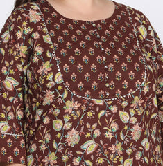 Plus Size Brown Cotton Printed Kurta Pant Set with Dupatta-200722