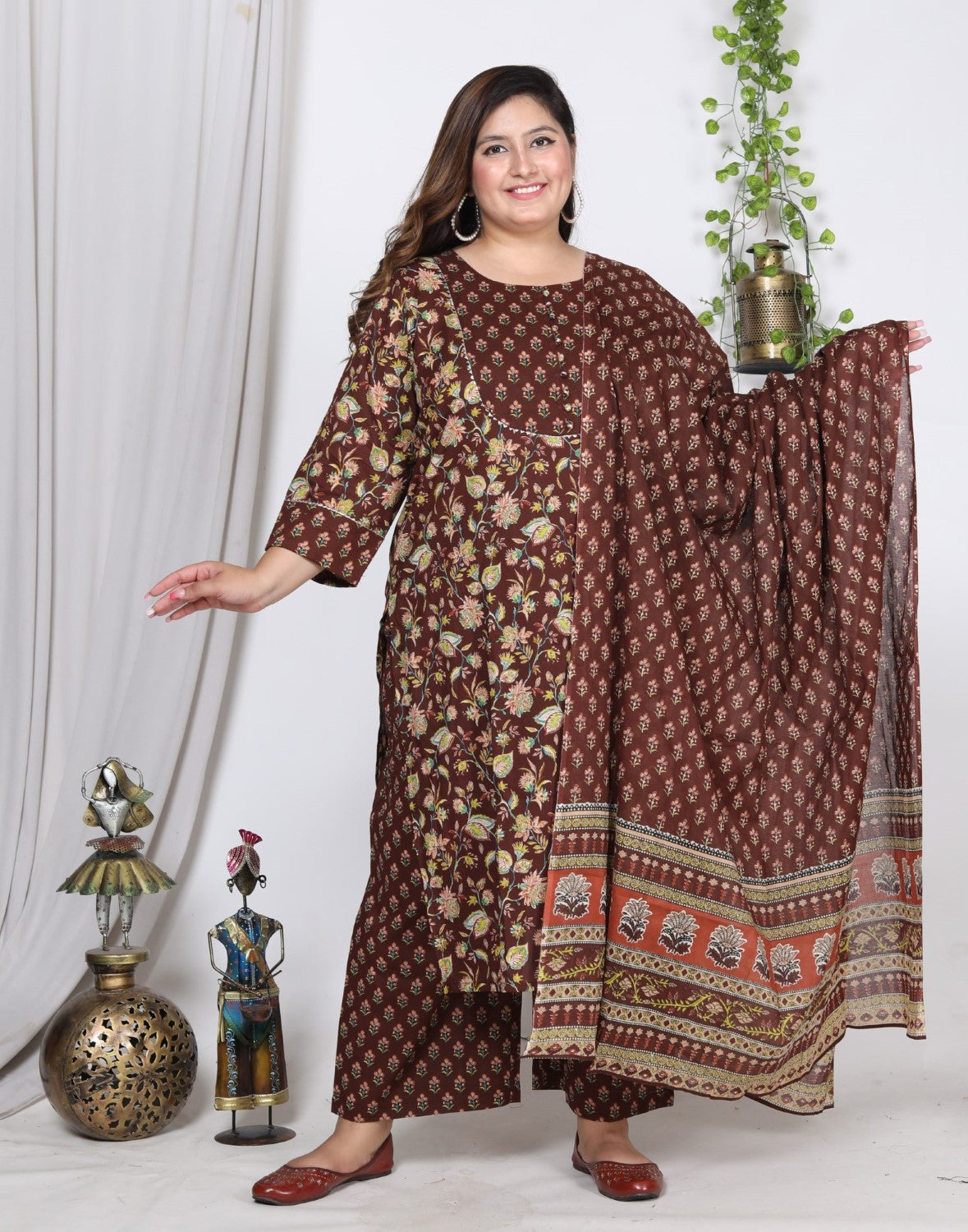 Plus Size Brown Cotton Printed Kurta Pant Set with Dupatta-200722 Secondary image