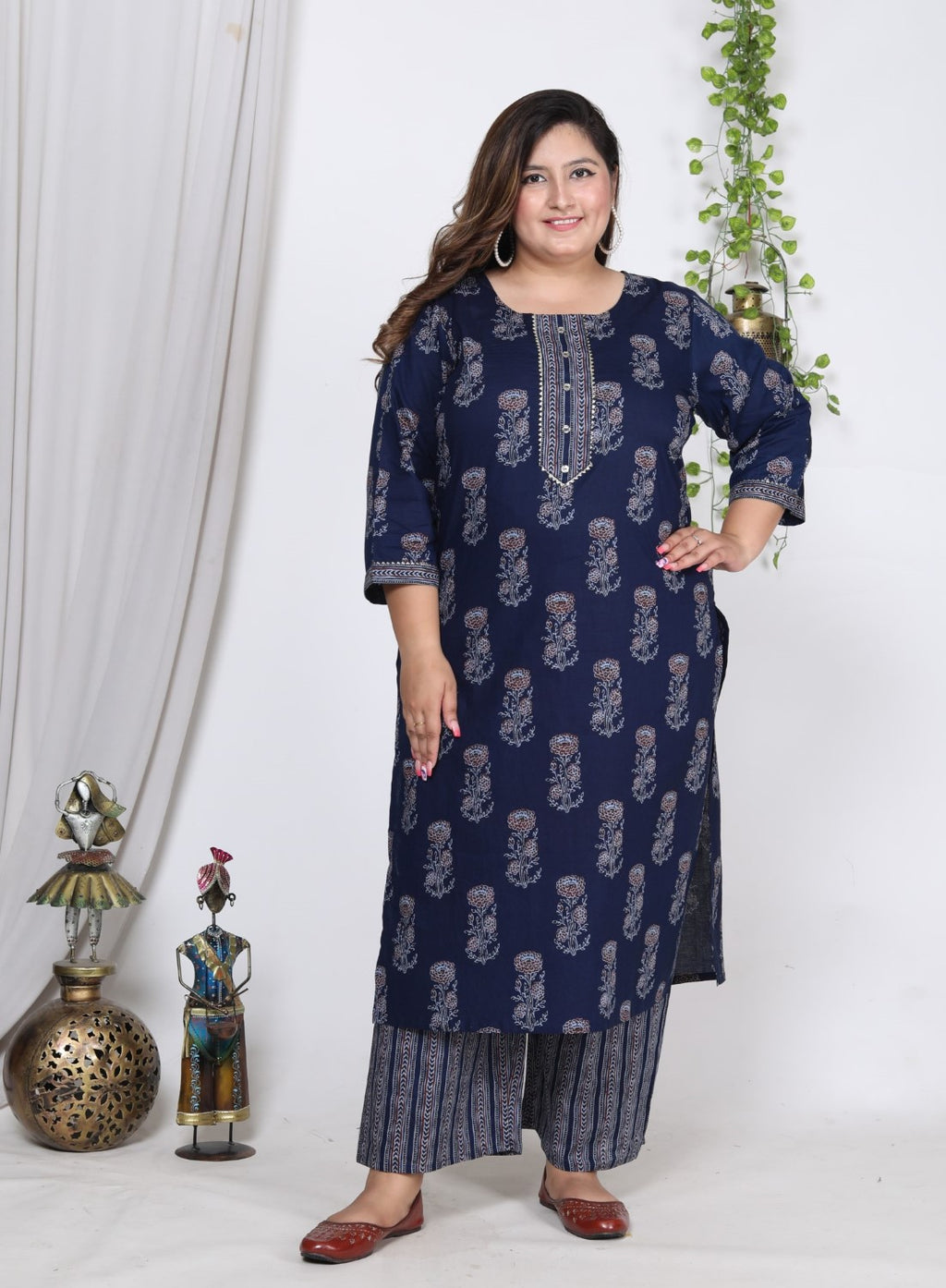 Plus Size Navy Blue Cotton Printed Kurta Pant Set with Dupatta-200723
