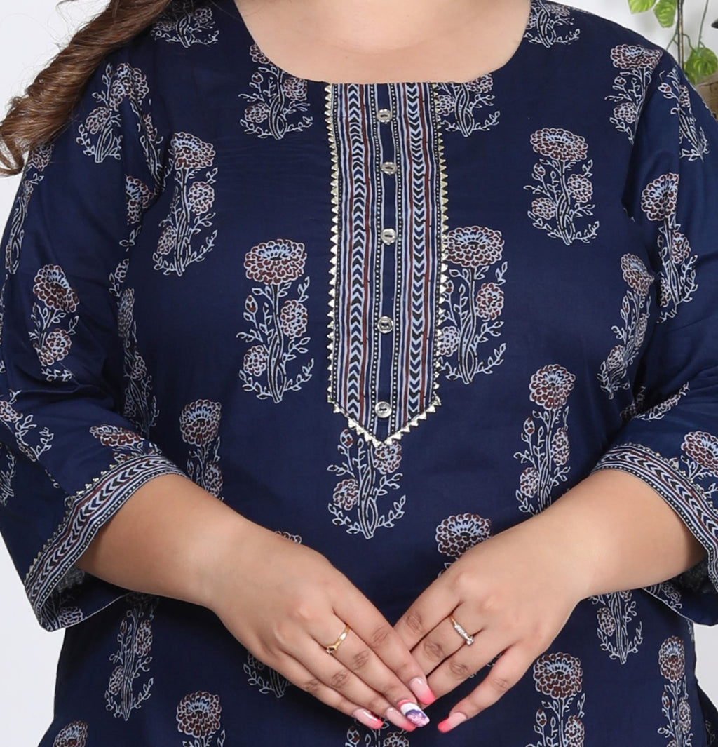 Plus Size Navy Blue Cotton Printed Kurta Pant Set with Dupatta-200723