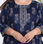 Plus Size Navy Blue Cotton Printed Kurta Pant Set with Dupatta-200723