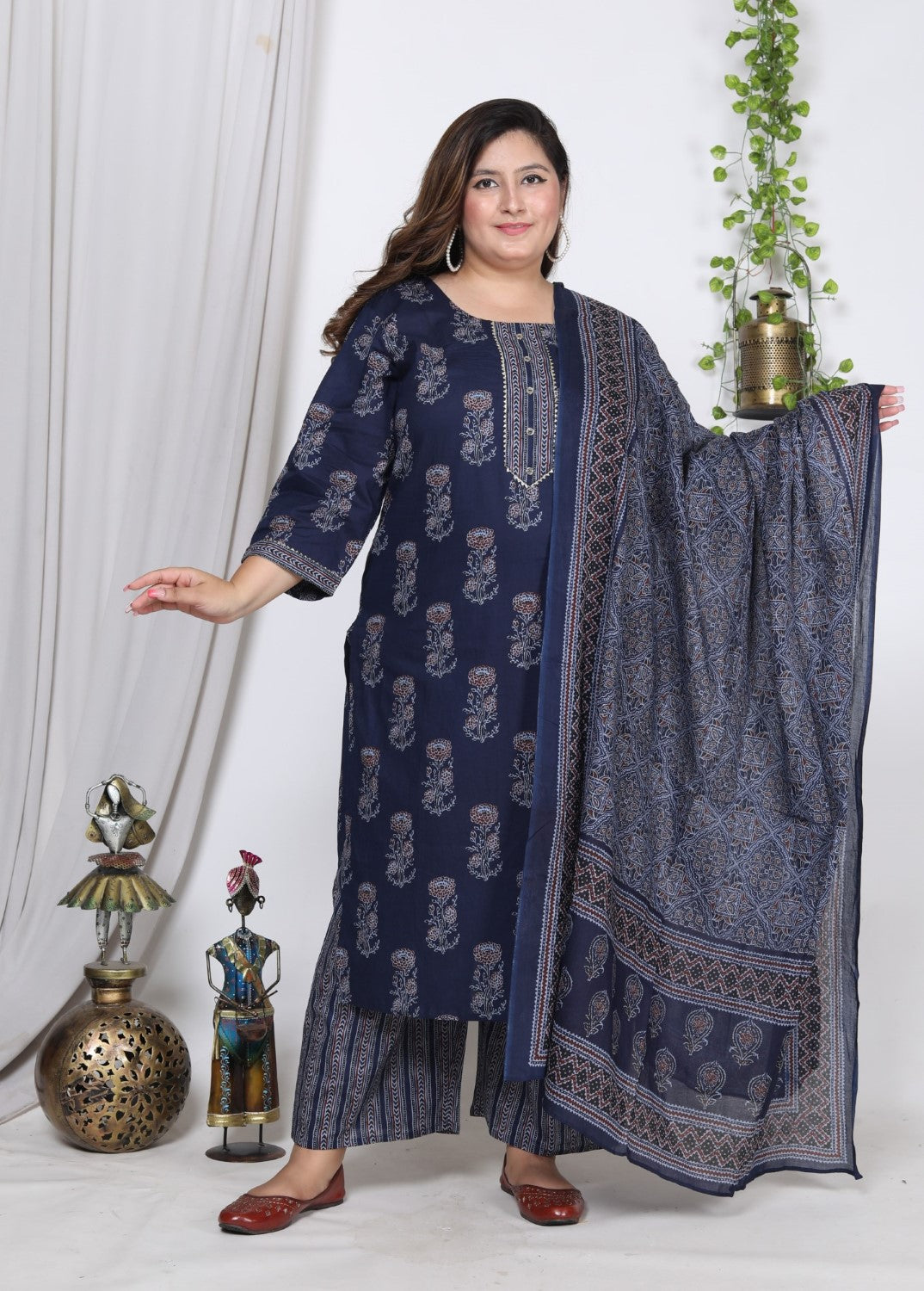 Plus Size Navy Blue Cotton Printed Kurta Pant Set with Dupatta-200723 Main image