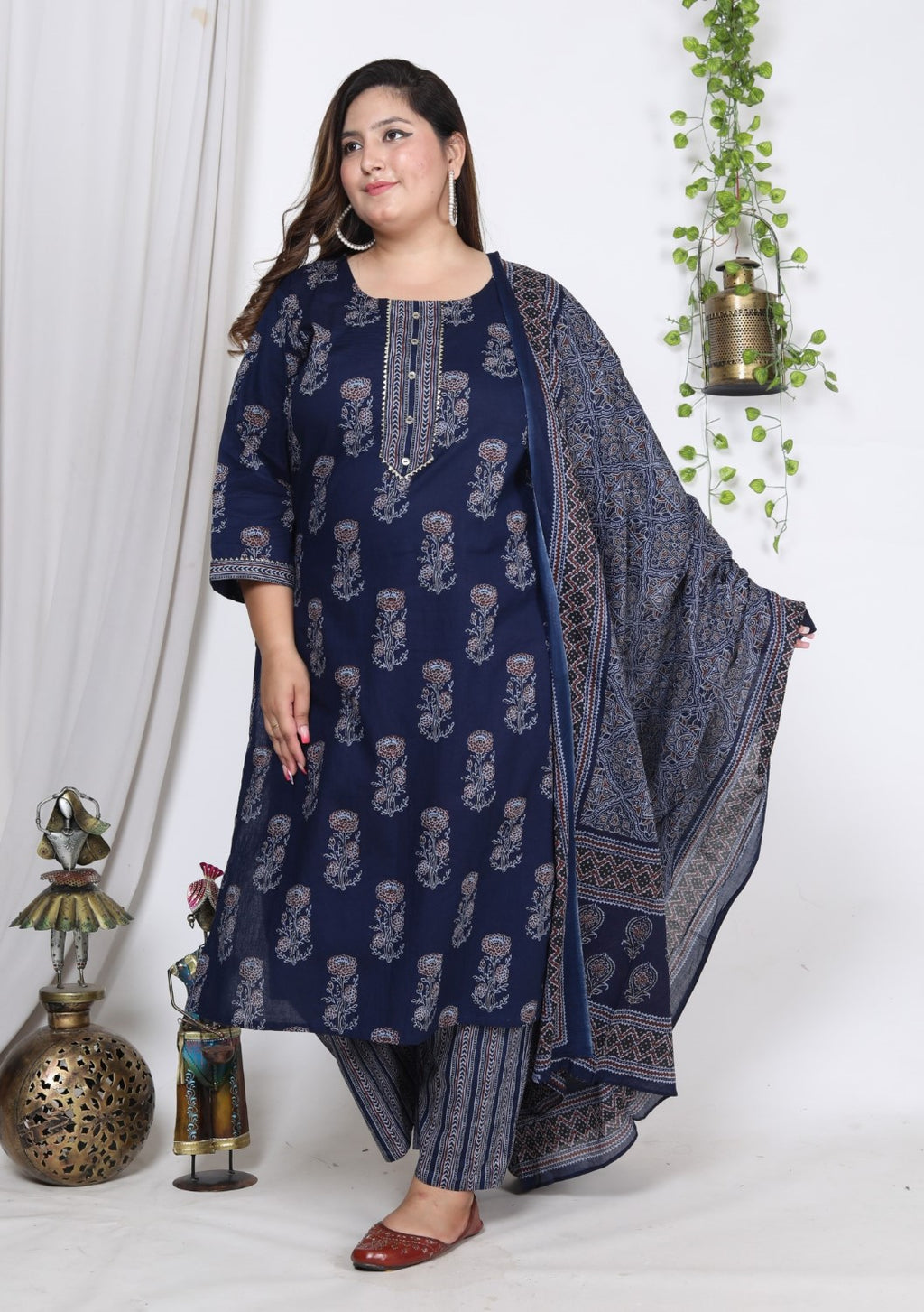 Plus Size Navy Blue Cotton Printed Kurta Pant Set with Dupatta-200723