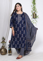 Plus Size Navy Blue Cotton Printed Kurta Pant Set with Dupatta-200723