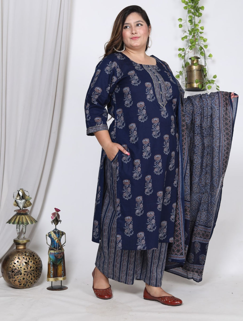 Plus Size Navy Blue Cotton Printed Kurta Pant Set with Dupatta-200723