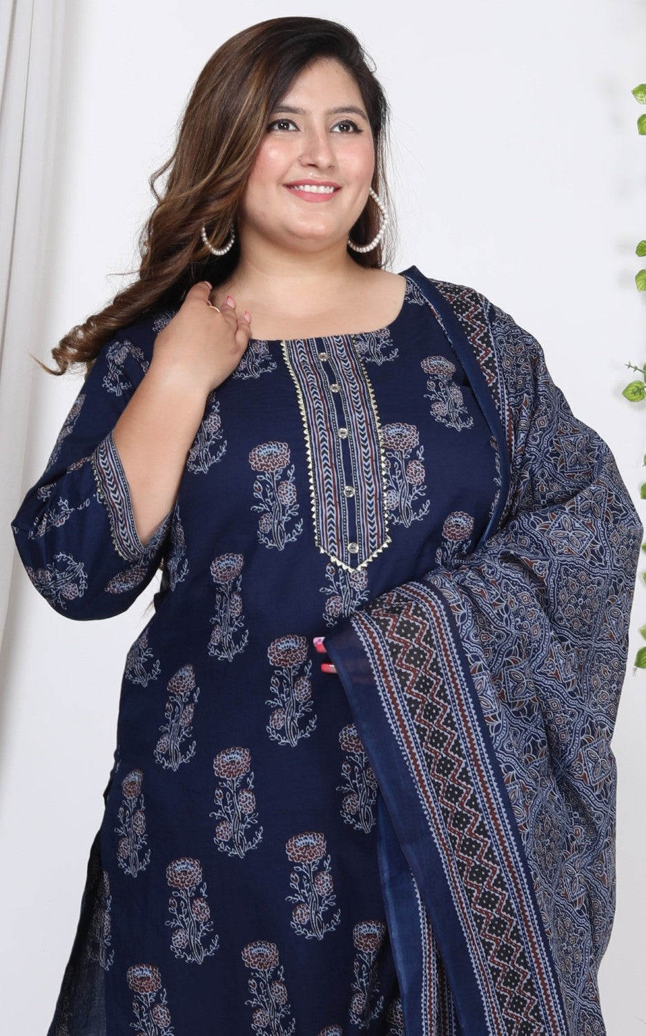 Plus Size Navy Blue Cotton Printed Kurta Pant Set with Dupatta-200723