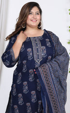 Plus Size Navy Blue Cotton Printed Kurta Pant Set with Dupatta-200723