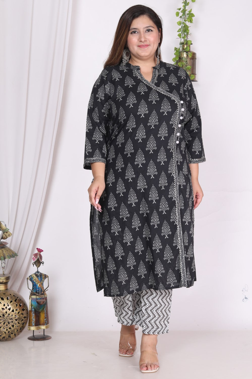 Plus Size Black Cotton Printed Kurta Pant Set with Dupatta-200724