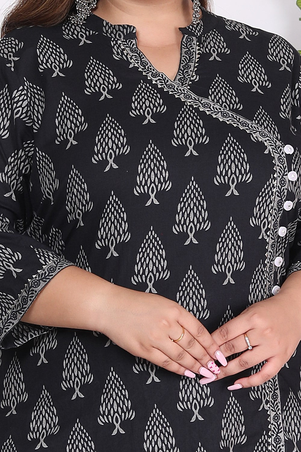 Plus Size Black Cotton Printed Kurta Pant Set with Dupatta-200724