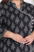 Plus Size Black Cotton Printed Kurta Pant Set with Dupatta-200724