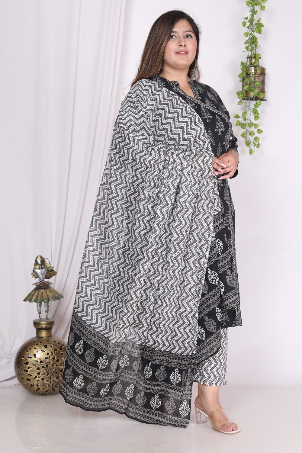 Plus Size Black Cotton Printed Kurta Pant Set with Dupatta-200724