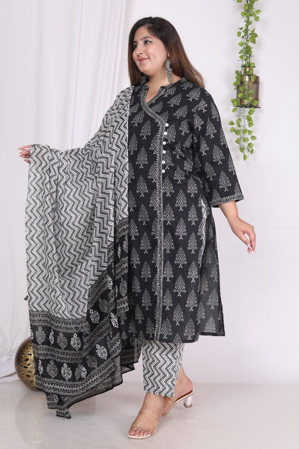 Plus Size Black Cotton Printed Kurta Pant Set with Dupatta-200724