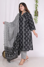 Plus Size Black Cotton Printed Kurta Pant Set with Dupatta-200724