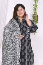 Plus Size Black Cotton Printed Kurta Pant Set with Dupatta-200724
