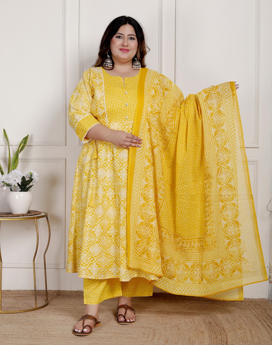 Plus Size Yellow Anarkali Cotton Printed Flared Kurta Pant Set with Dupatta-2100001 Secondary image