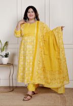 Plus Size Yellow Anarkali Cotton Printed Flared Kurta Pant Set with Dupatta-2100001
