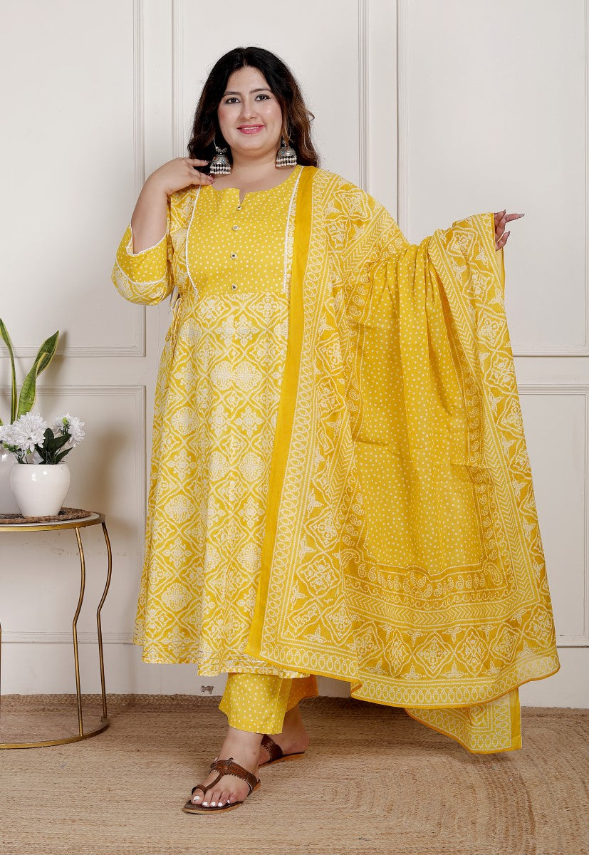 Plus Size Yellow Anarkali Cotton Printed Flared Kurta Pant Set with Dupatta-2100001