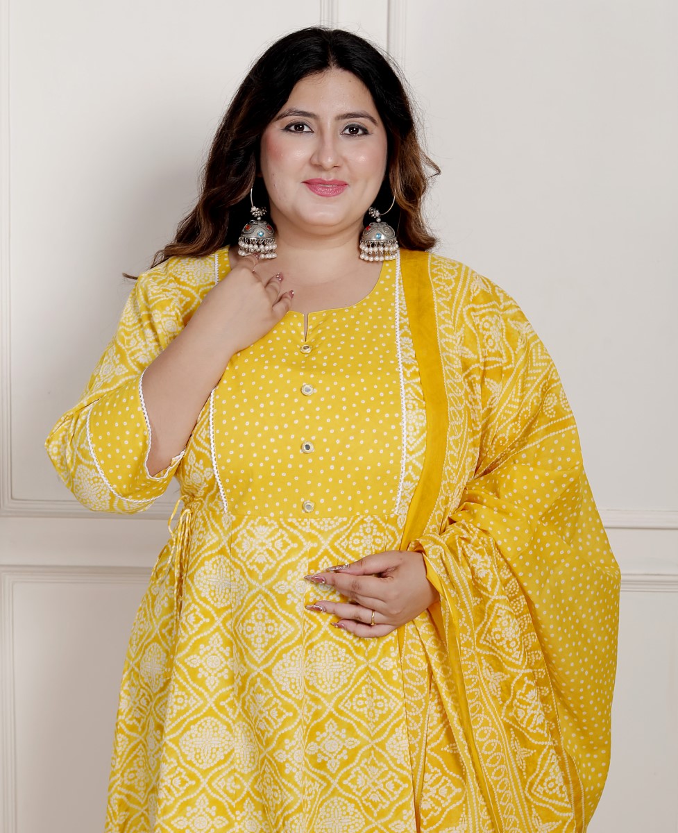 Plus Size Yellow Anarkali Cotton Printed Flared Kurta Pant Set with Dupatta-2100001