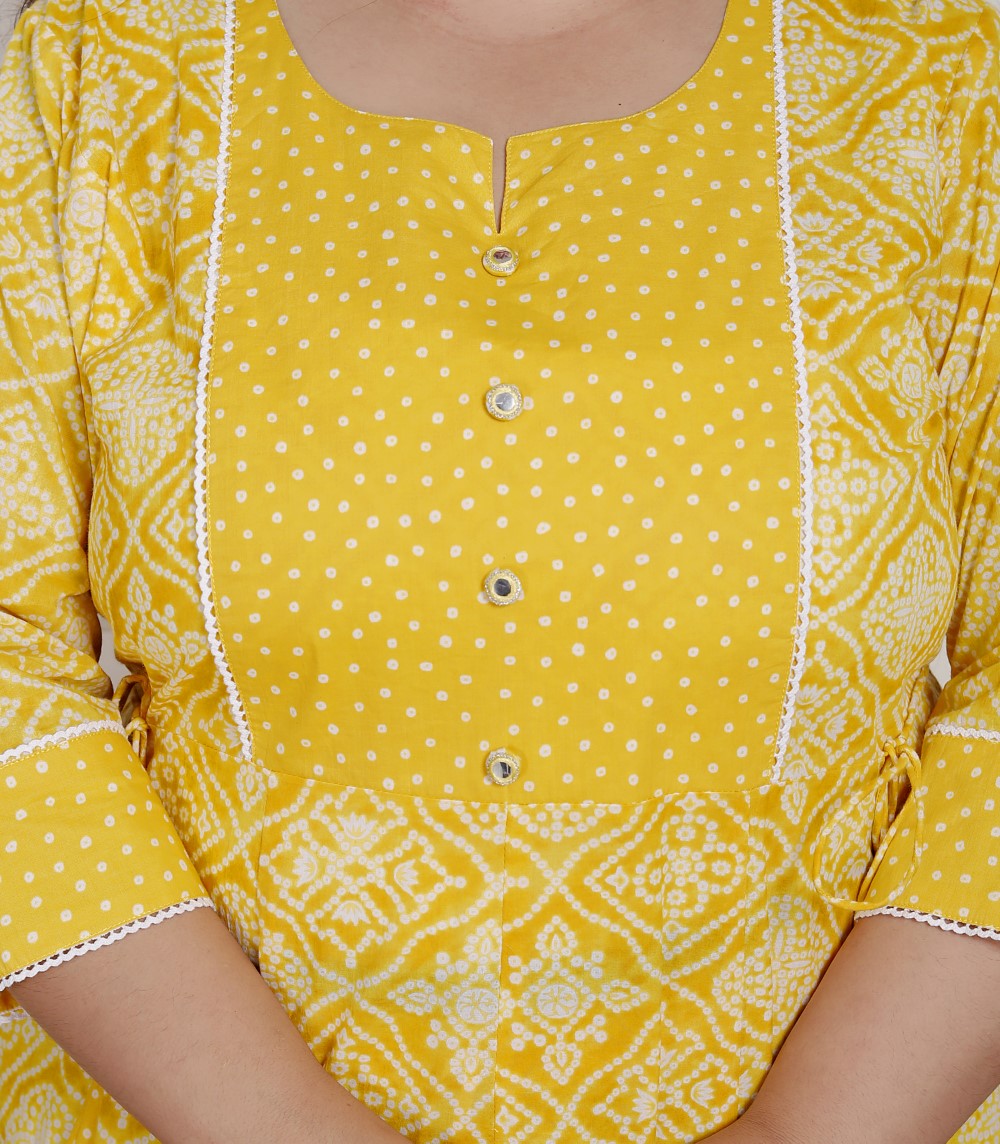 Plus Size Yellow Anarkali Cotton Printed Flared Kurta Pant Set with Dupatta-2100001