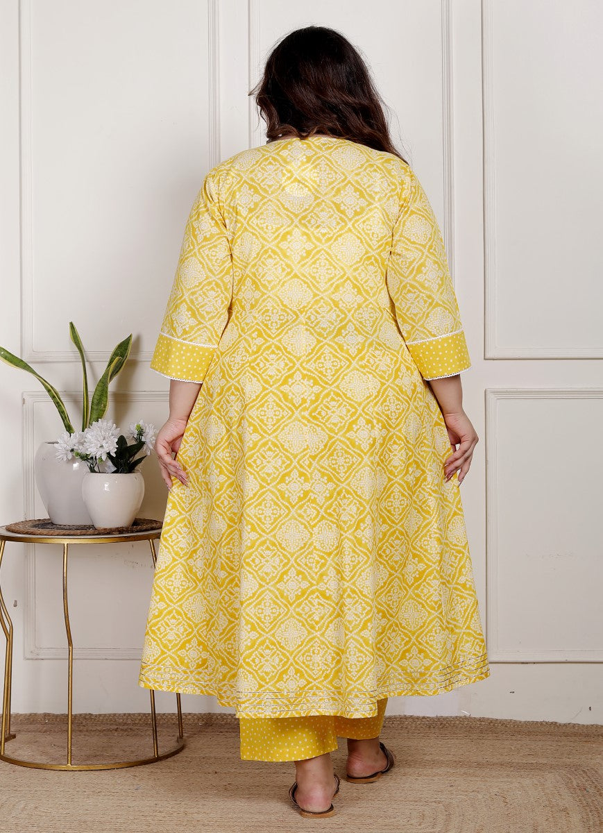 Plus Size Yellow Anarkali Cotton Printed Flared Kurta Pant Set with Dupatta-2100001