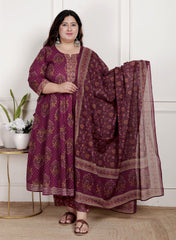 Plus Size Purple Anarkali Cotton Printed Flared Kurta Pant Set with Dupatta-2100002