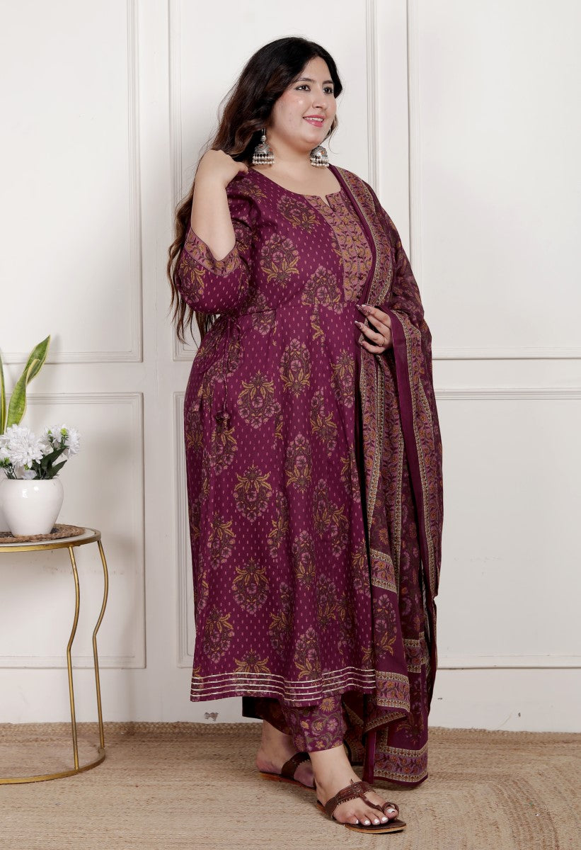Plus Size Purple Anarkali Cotton Printed Flared Kurta Pant Set with Dupatta-2100002
